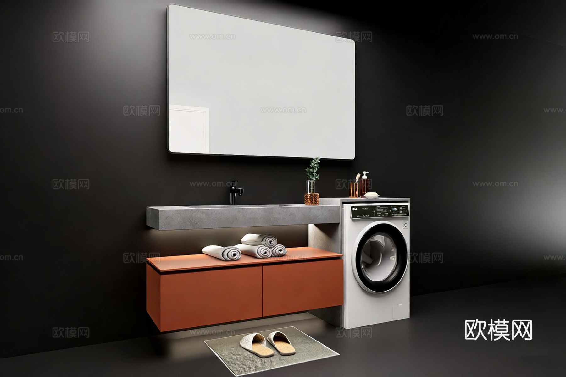 现代简约卫生间 橙色悬浮浴室柜 洗衣机收纳su模型