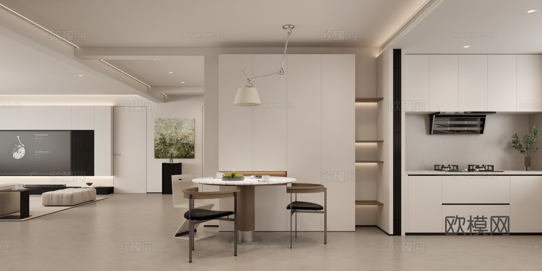现代奶油风客餐厅 奶油风餐厅 奶油风厨房 奶油风沙发茶桌3d模型下载（渲染图3）