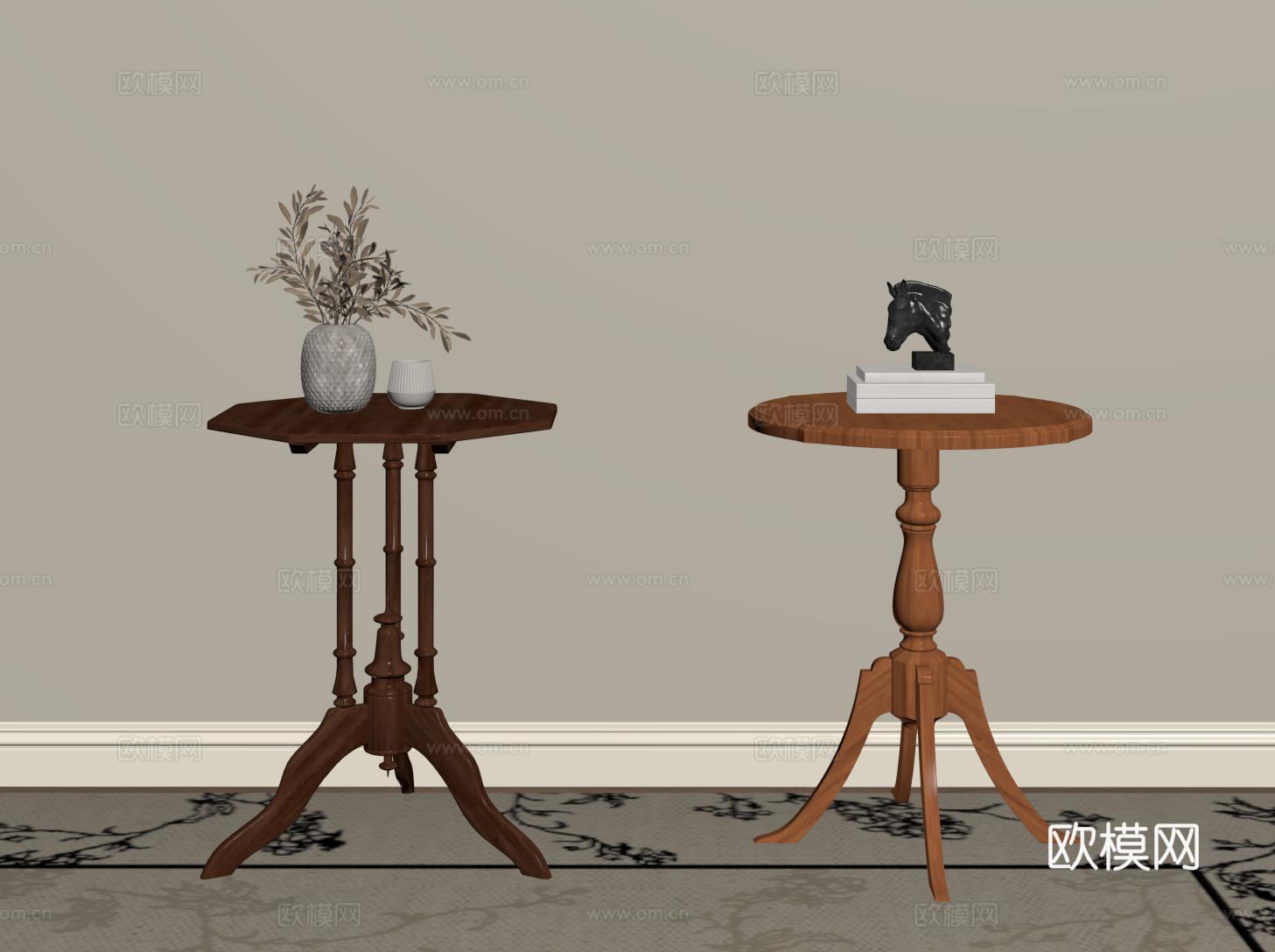 复古实木边几 法式小圆几角几 沙发边几 小茶几su模型