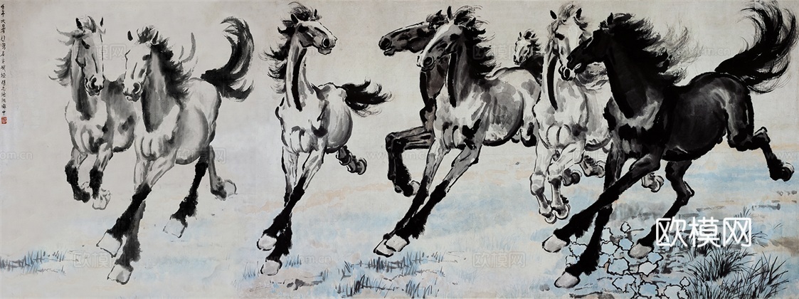 徐悲鸿水墨画，水墨花鸟动物画，近现代水墨画， 八骏图60X1