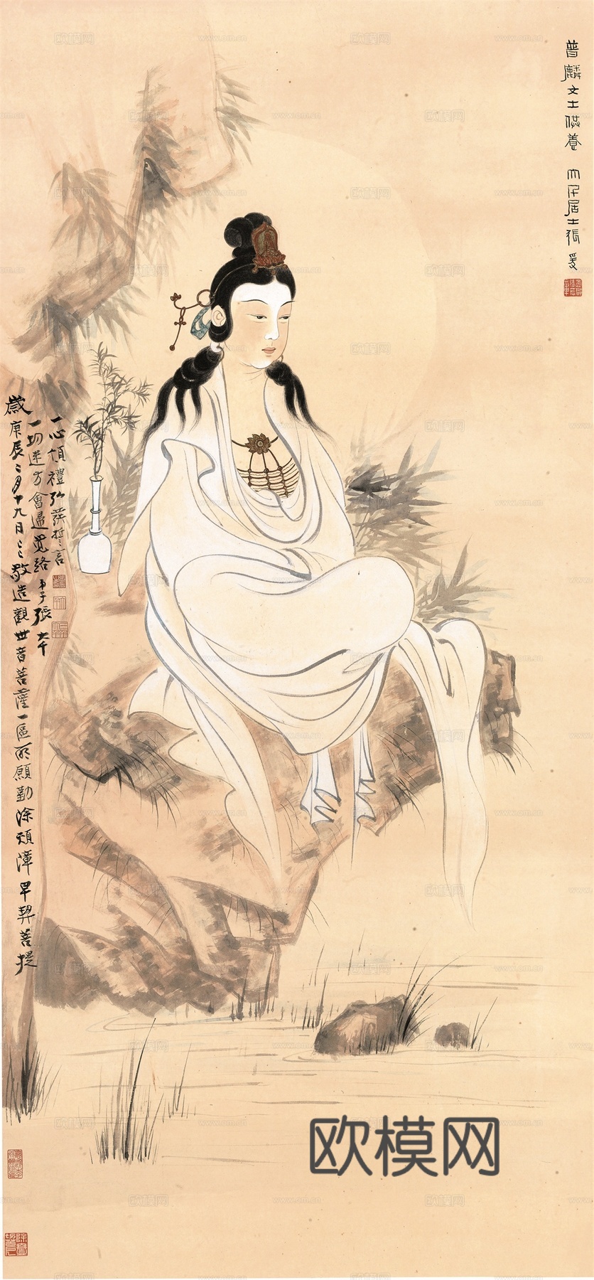 张大千绘画作品，中国近现代水墨画，写意水墨画观音造像图轴