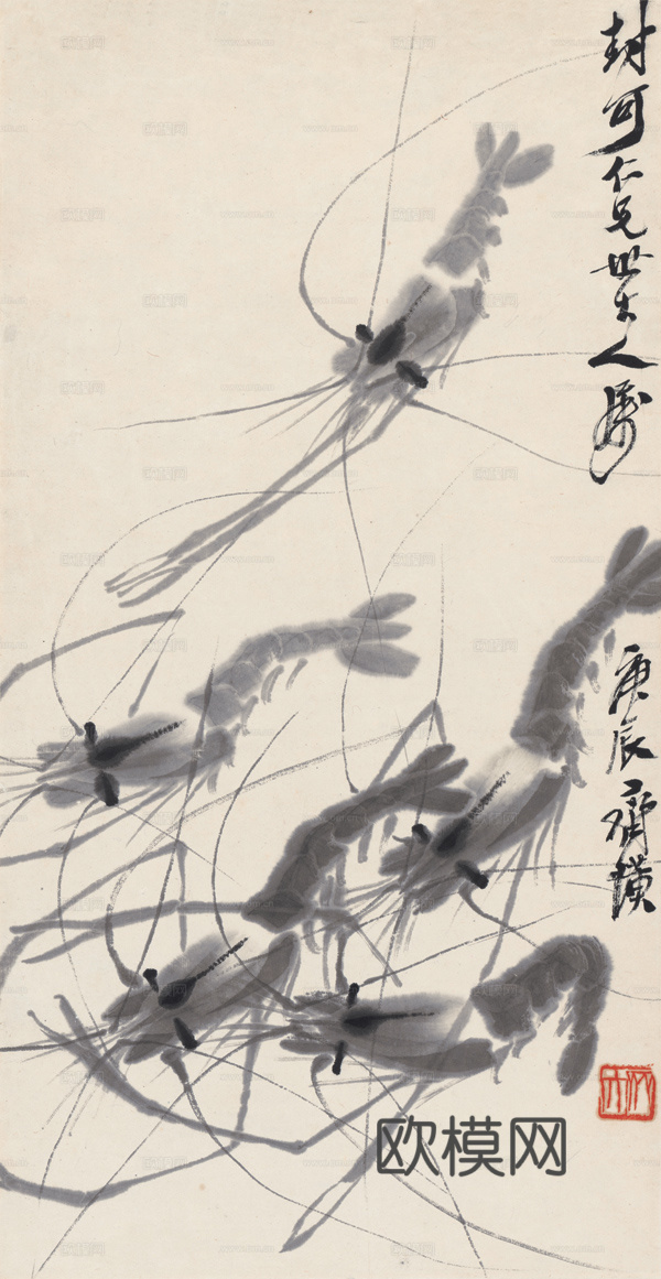 齐白石写意水墨画，近现代水墨画 虾2 28x54