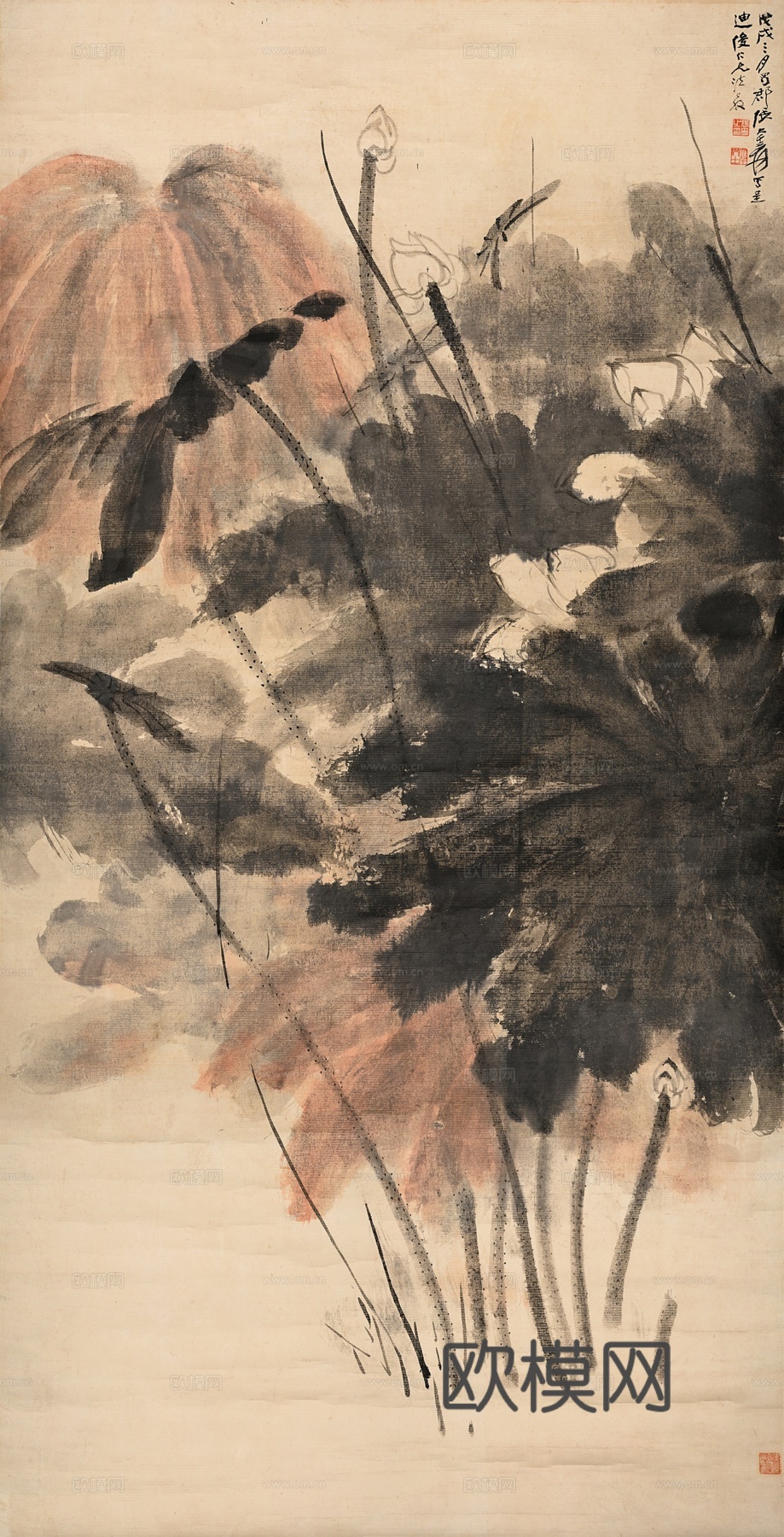 张大千绘画作品，中国近现代水墨画，写意水墨画风荷