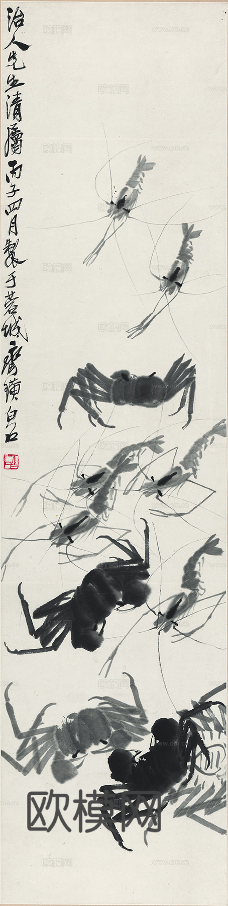 齐白石写意水墨画，近现代水墨画-虾蟹图-6 34x137