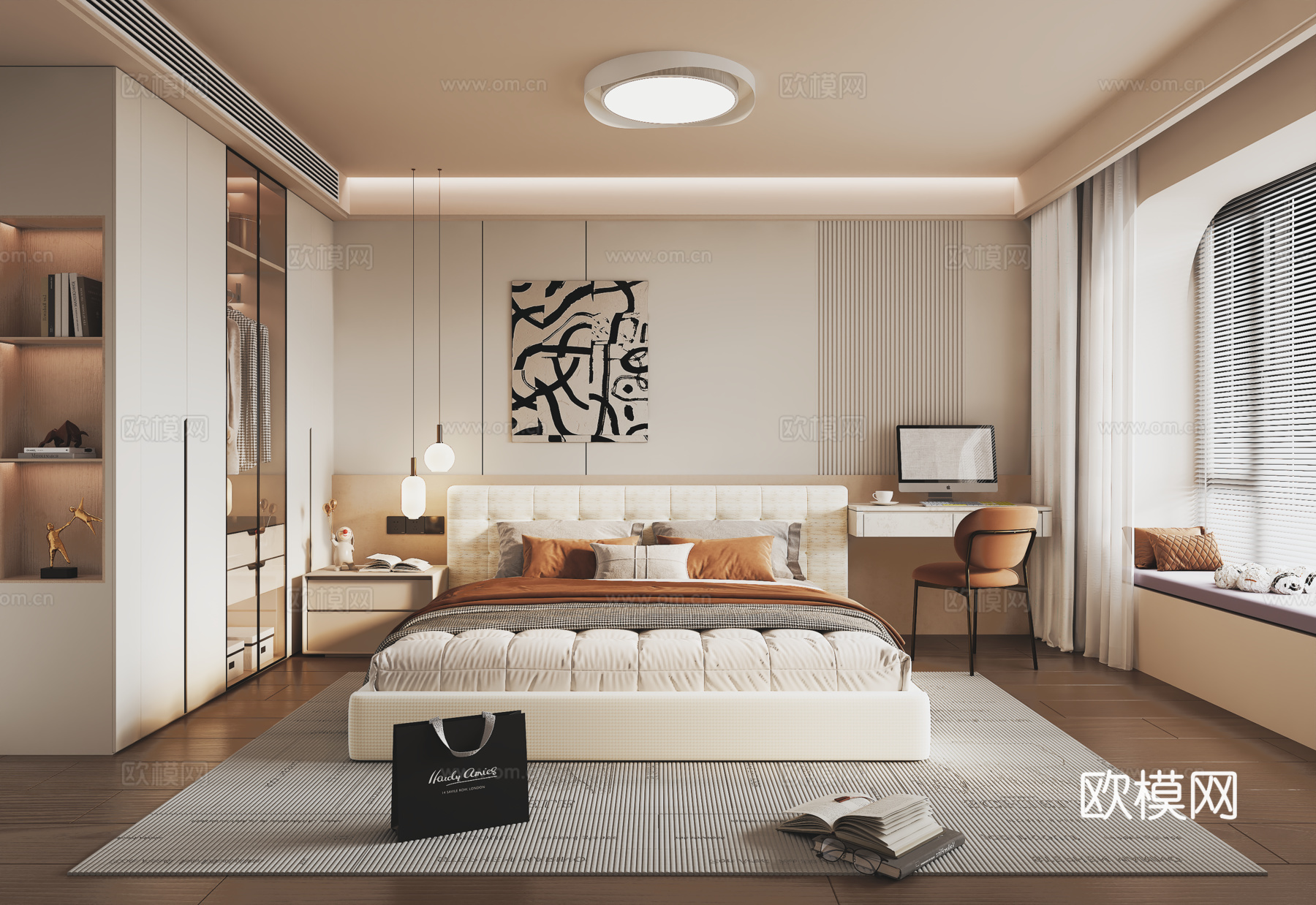 现代卧室 主卧 双人床 衣柜 床头背景墙su模型