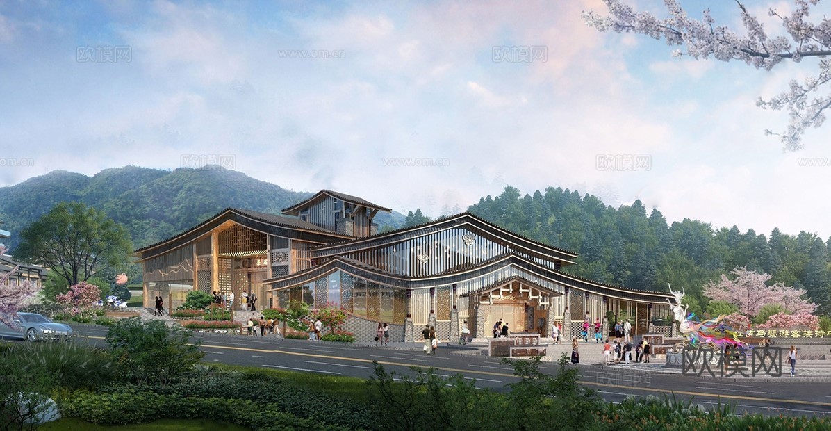 新中式游客中心  游客驿站建筑 游客接待中心su模型