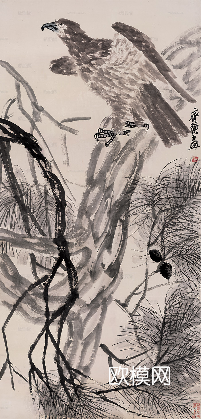 齐白石写意水墨画，近现代水墨画 松鹰图纸131.4X63（天