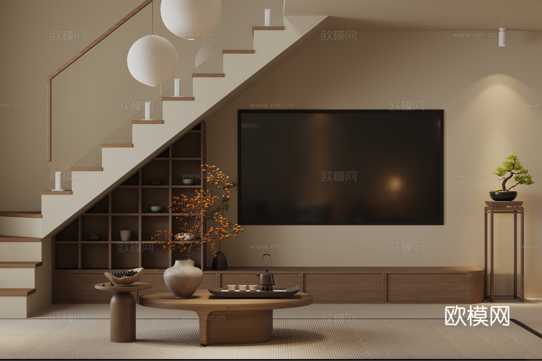 宋代美学客餐厅叠墅3d模型下载（渲染图3）