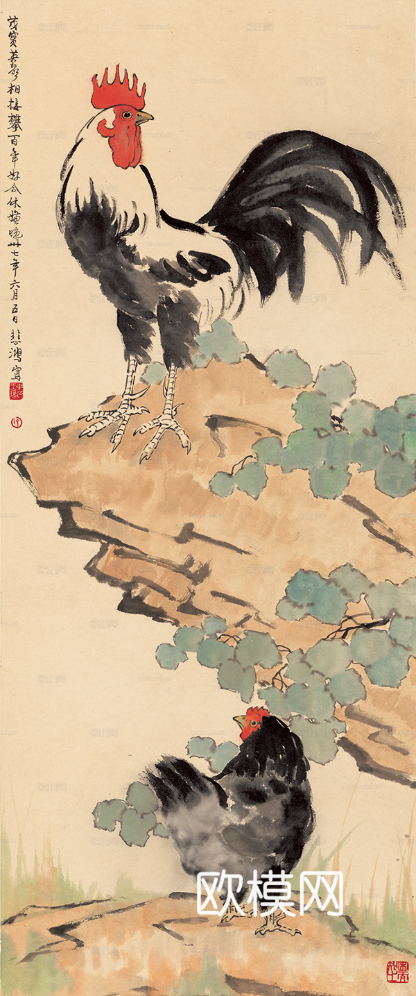 徐悲鸿水墨画，水墨花鸟动物画，近现代水墨画， 鸡图-1 51