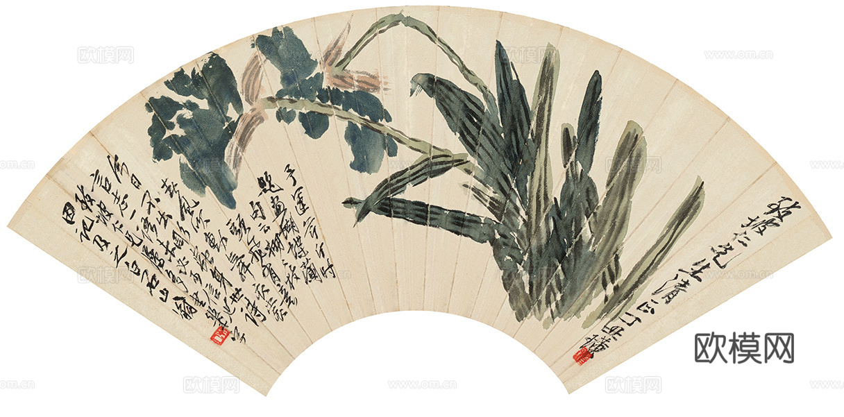 齐白石写意水墨画，近现代水墨画 蝴蝶兰图扇 纸本 49x24