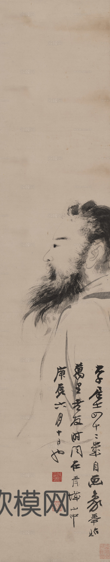 张大千绘画作品，中国近现代水墨画，写意水墨画自画像纸本