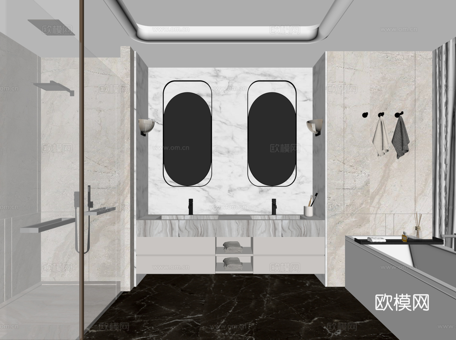 现代轻奢风卫生间 浴室柜 浴缸su模型