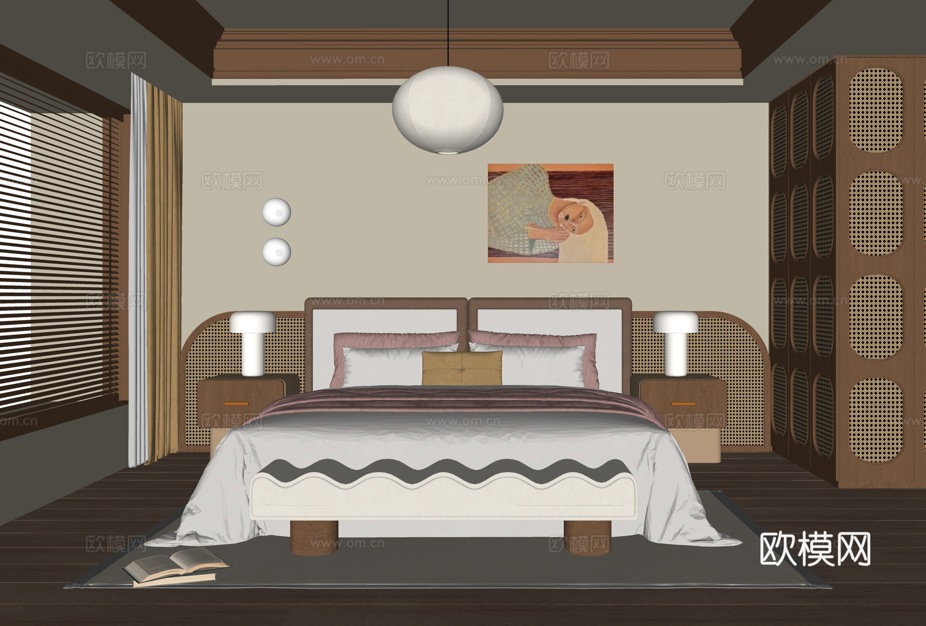 现代卧室 双人床 床头柜su模型下载（渲染图2）