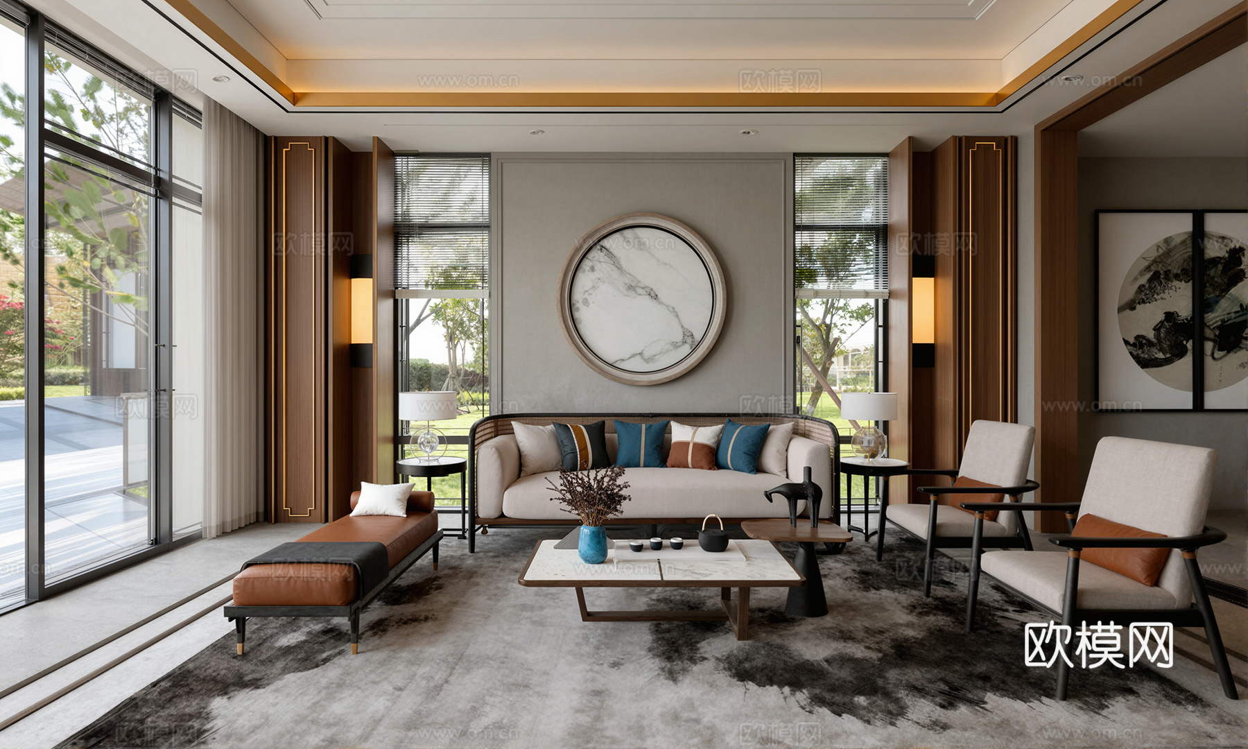 新中式客厅多人组合沙发单人沙发茶几窗户su模型su模型