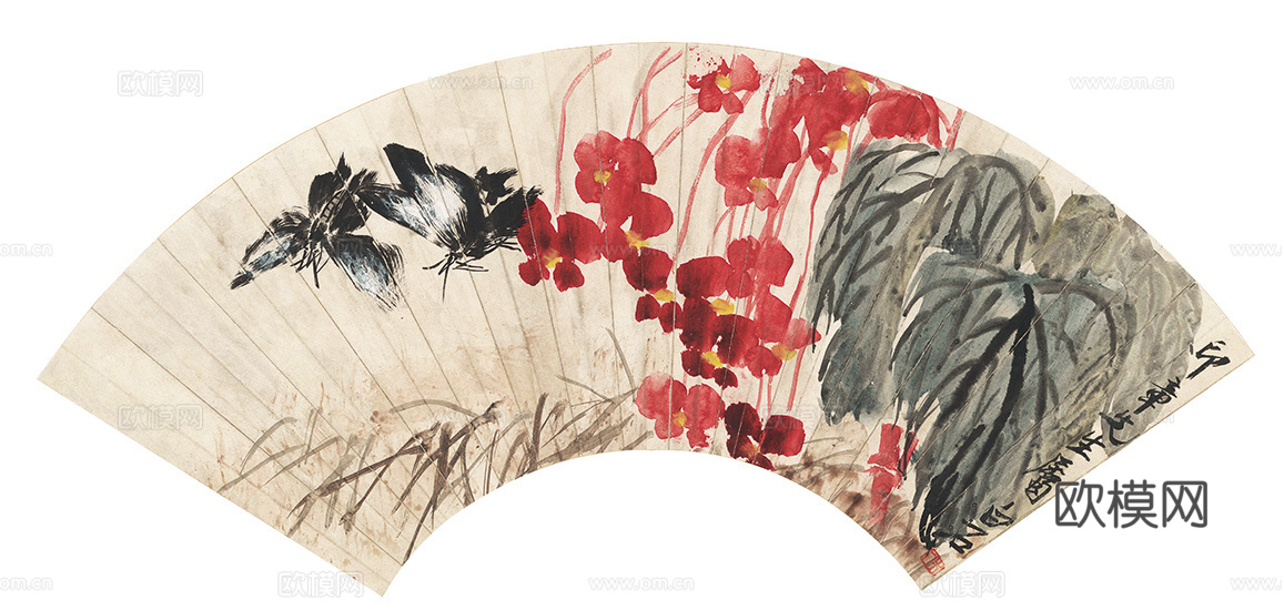 齐白石写意水墨画，近现代水墨画-1865-齐白石-恋花双蝶扇