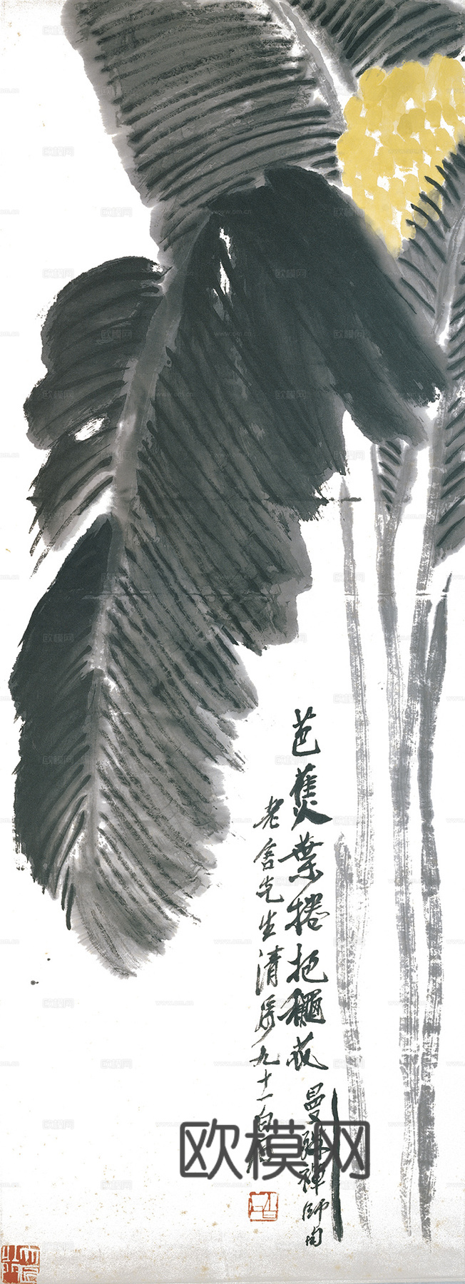 齐白石写意水墨画，近现代水墨画 芭蕉 49x136