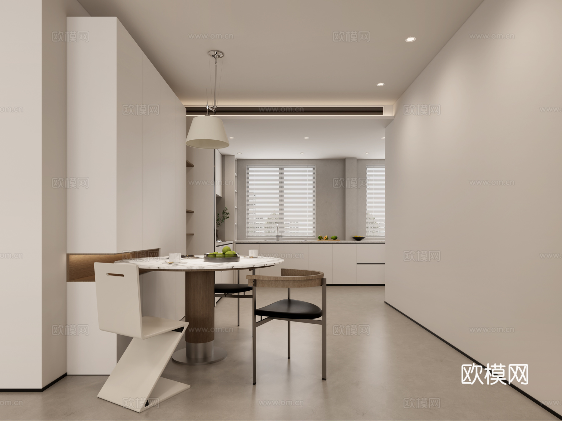 现代奶油风客餐厅 奶油风餐厅 奶油风厨房 奶油风沙发茶桌3d模型下载（渲染图4）