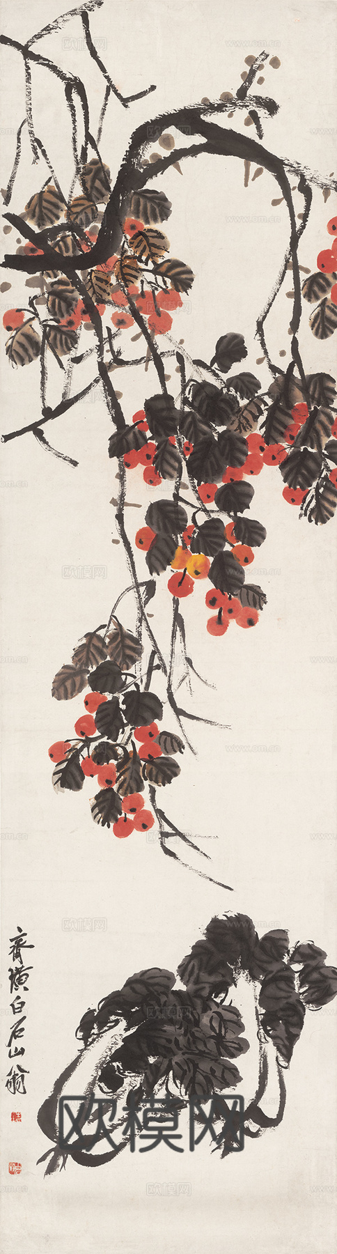 齐白石写意水墨画，近现代水墨画-果疏图-ok 44x164