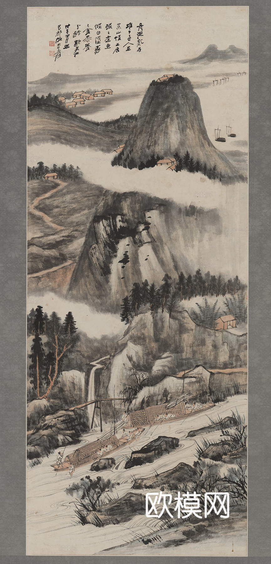 张大千绘画作品，中国近现代水墨画，写意水墨画行舟图