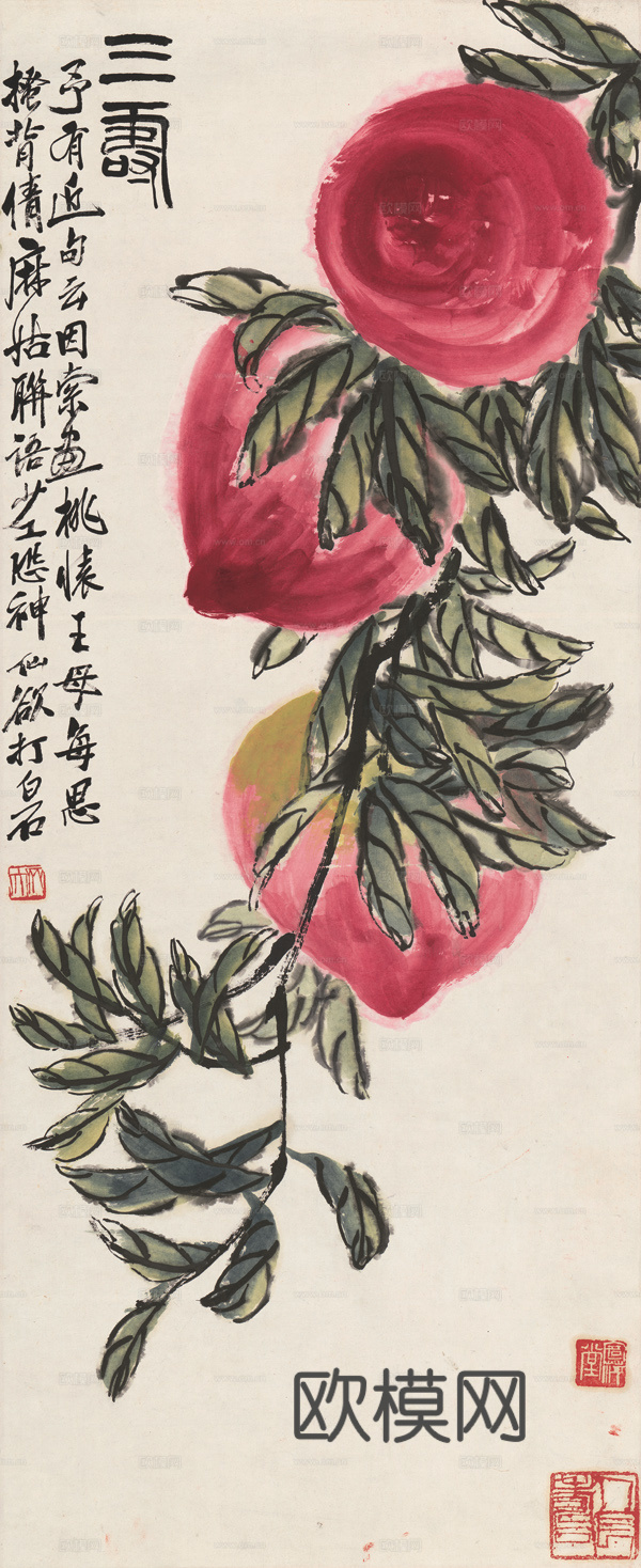 齐白石写意水墨画，近现代水墨画 三寿图-OK 42X102