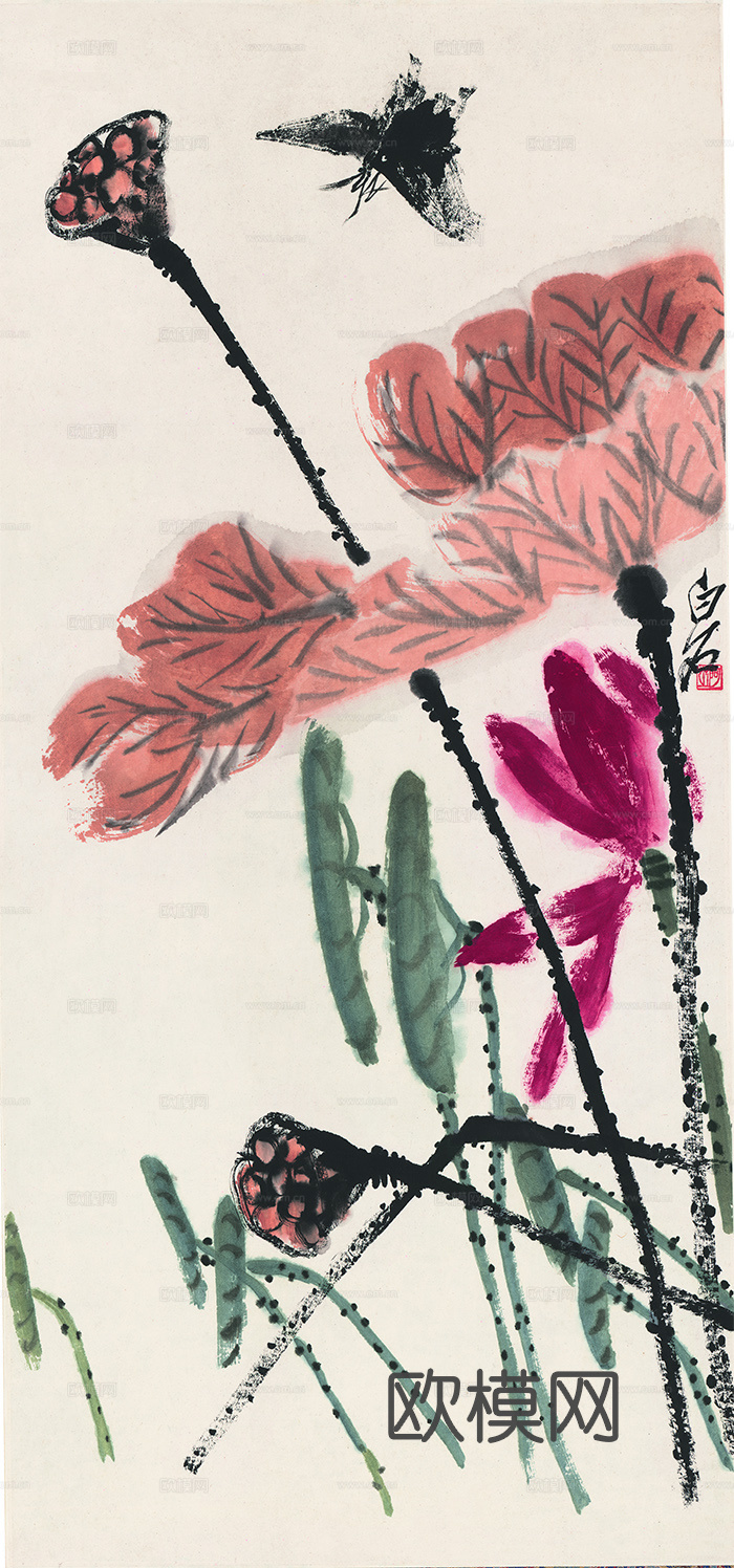 齐白石写意水墨画，近现代水墨画-荷塘墨蝶图 32X68