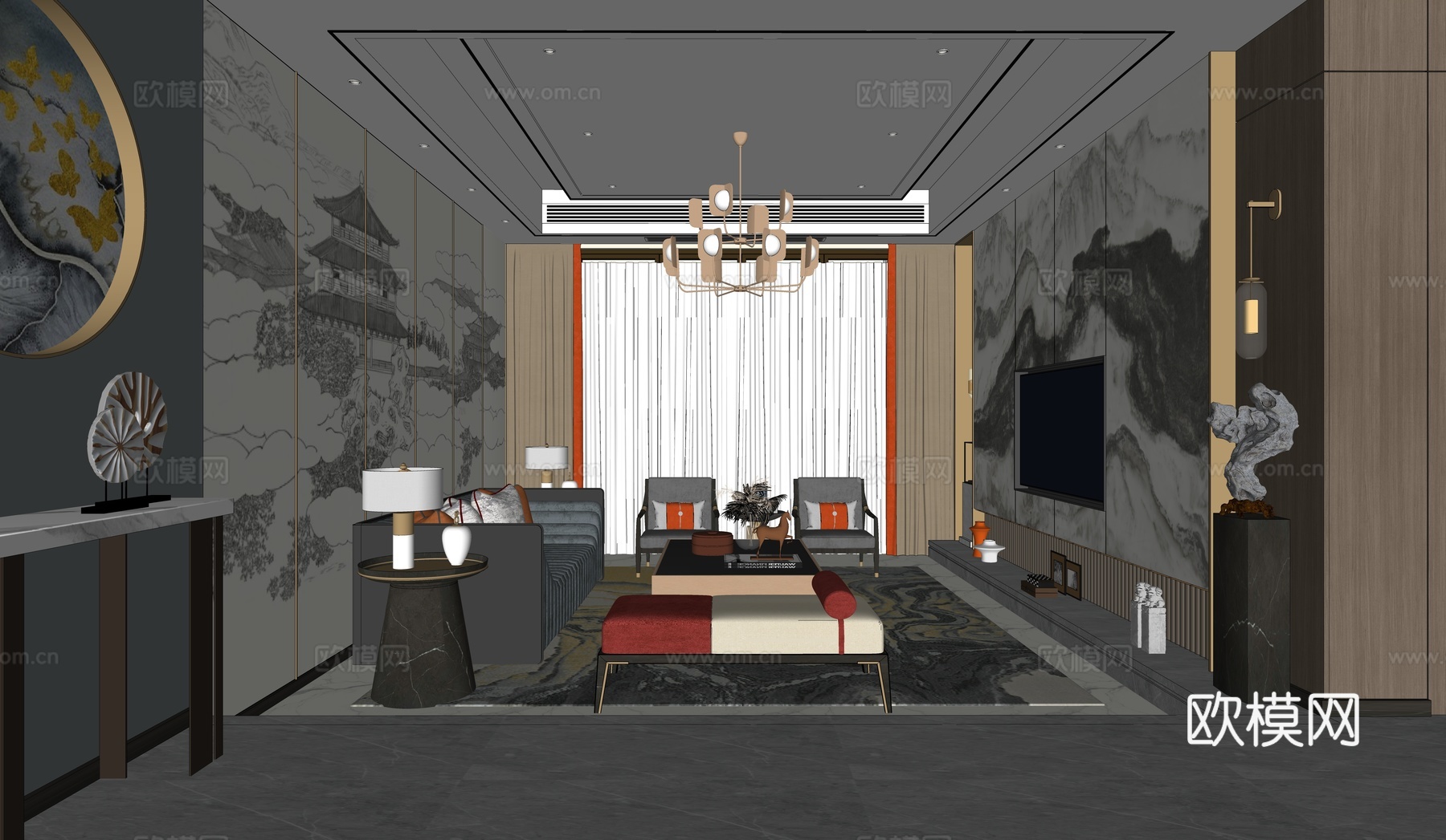 新中式客厅沙发茶几组合su模型