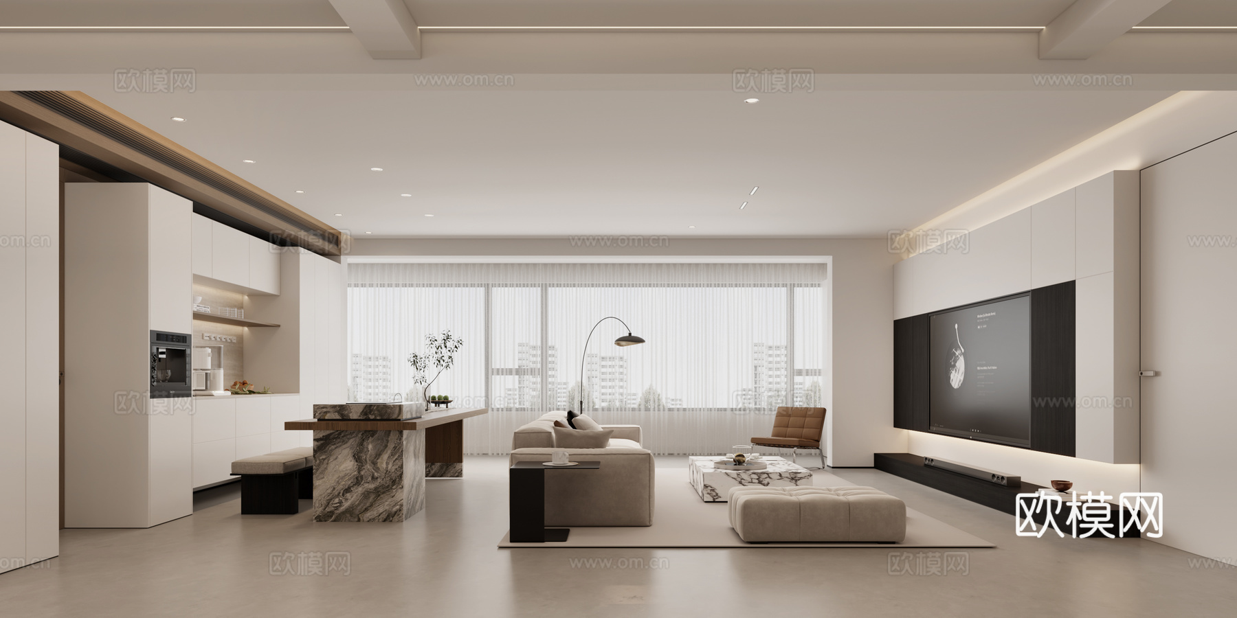 现代奶油风客餐厅 奶油风餐厅 奶油风厨房 奶油风沙发茶桌3d模型下载（渲染图1）