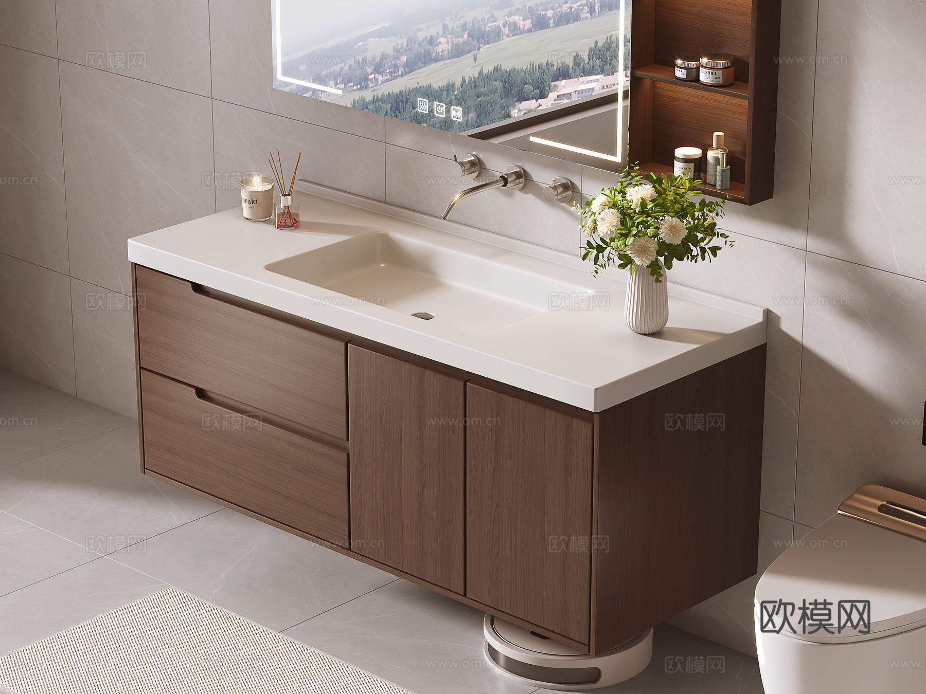 中古风浴室柜 台盆 洗手台su模型