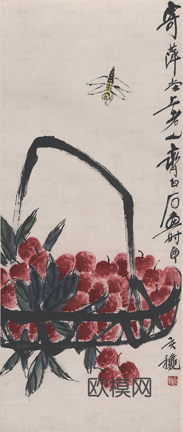 齐白石写意水墨画，近现代水墨画 荔枝蜻蜓图轴79X34