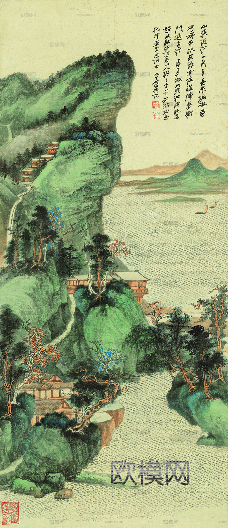 张大千绘画作品，中国近现代水墨画，写意水墨画－江堤晚景  副