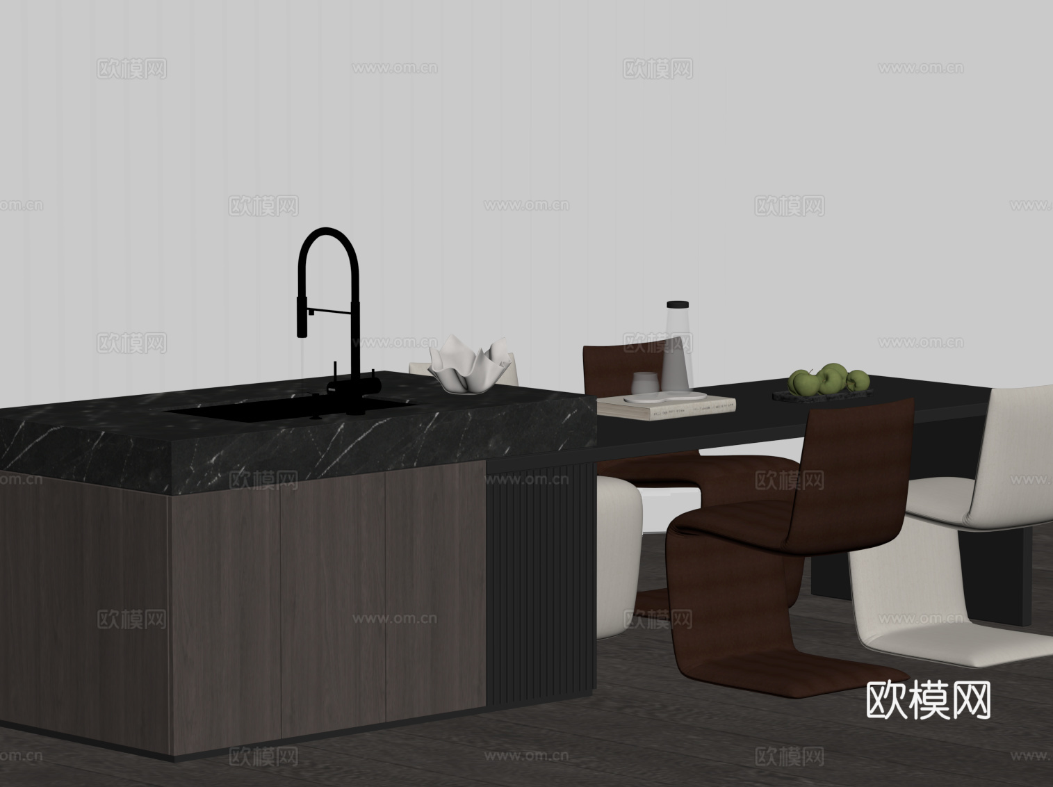 现代意式岛台 餐桌椅su模型