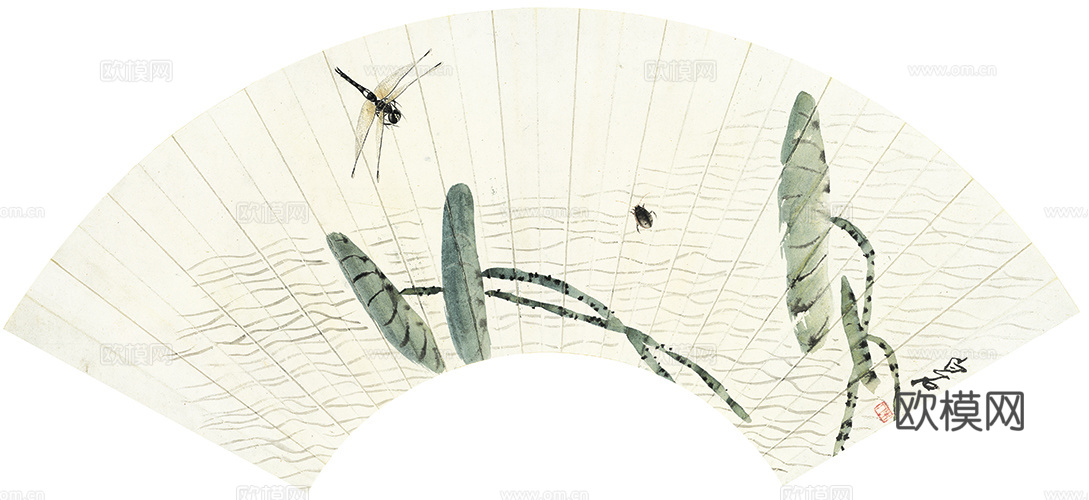 齐白石写意水墨画，近现代水墨画 扇页 蜻蜓荷花-ca0804