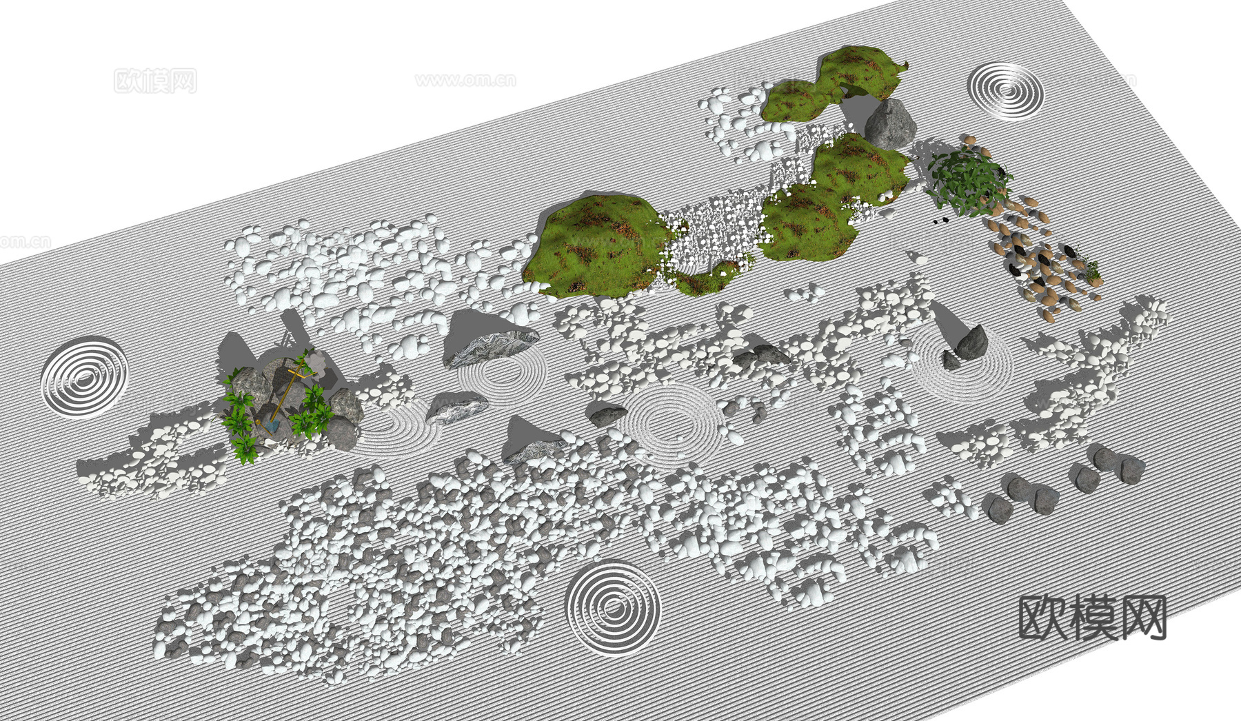 新中式景观小品 植物 草坪 鹅卵石 枯山水su模型