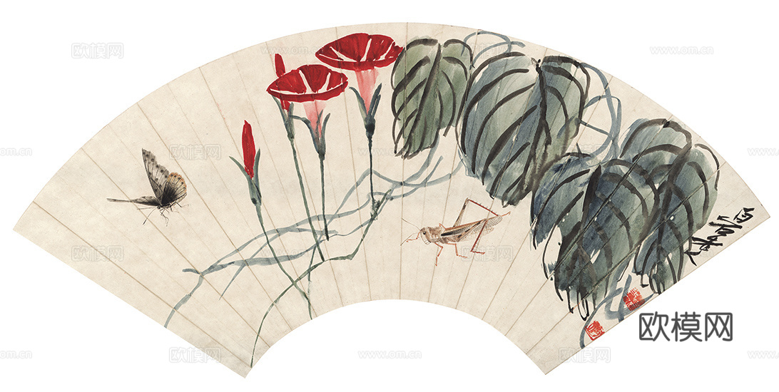 齐白石写意水墨画，近现代水墨画-1865-齐白石-蟋蟀蝴蝶扇