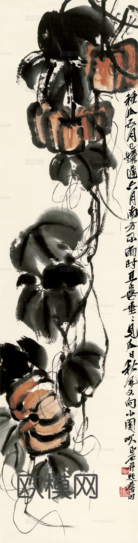 齐白石写意水墨画，近现代水墨画 南瓜 纸本 31.5x124