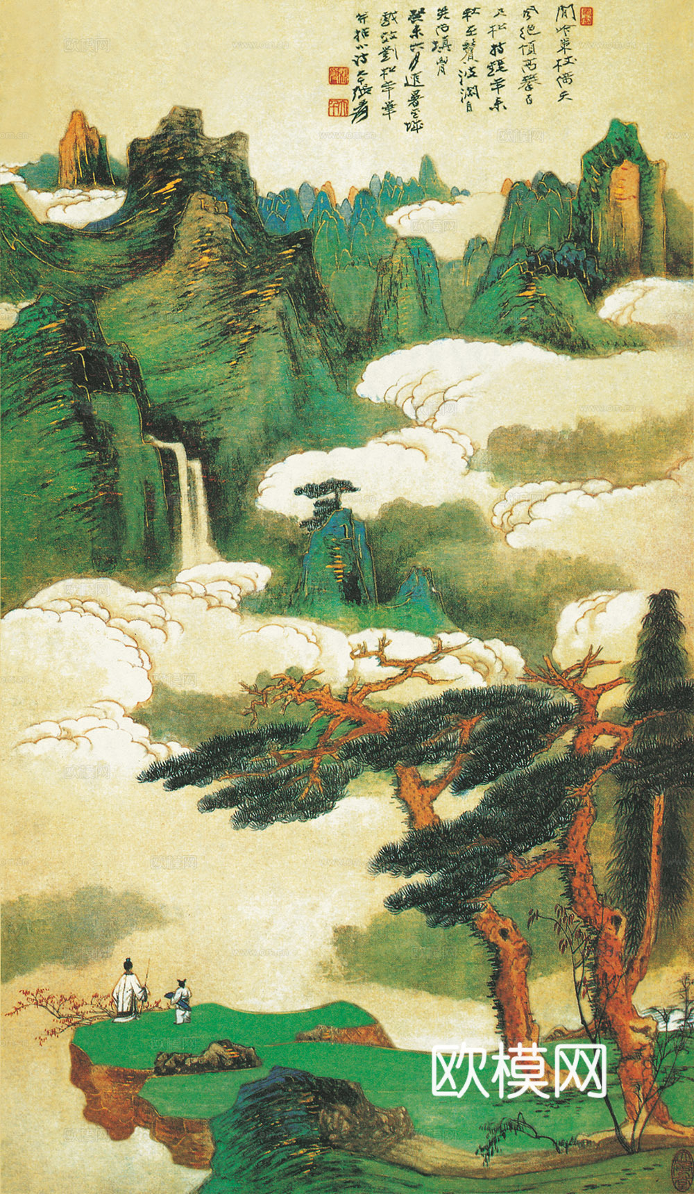 张大千绘画作品，中国近现代水墨画，写意水墨画迎客松