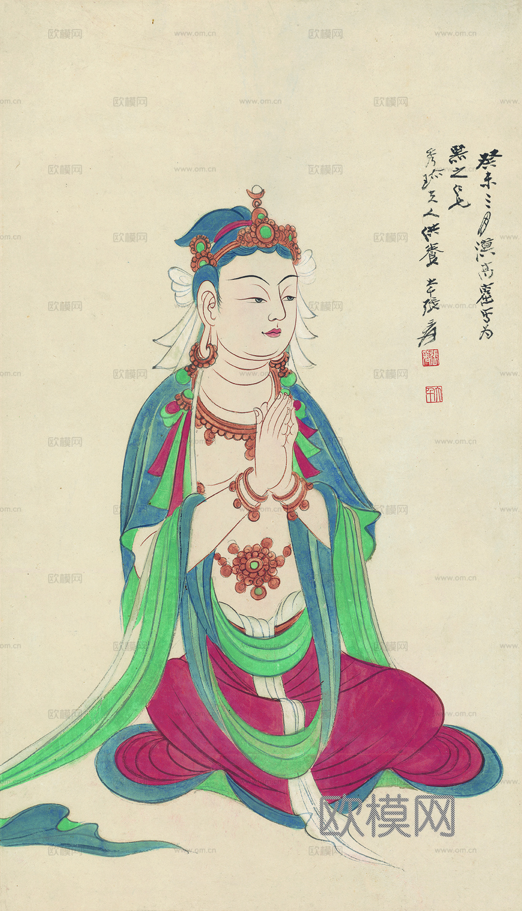 张大千绘画作品，中国近现代水墨画，写意水墨画观音图纸本