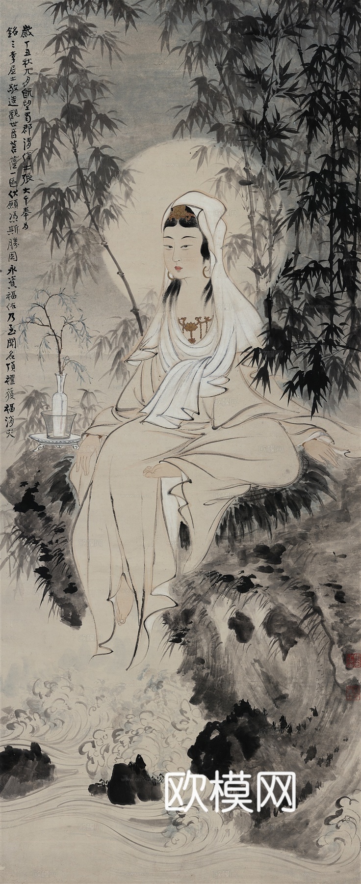 张大千绘画作品，中国近现代水墨画，写意水墨画水月观音