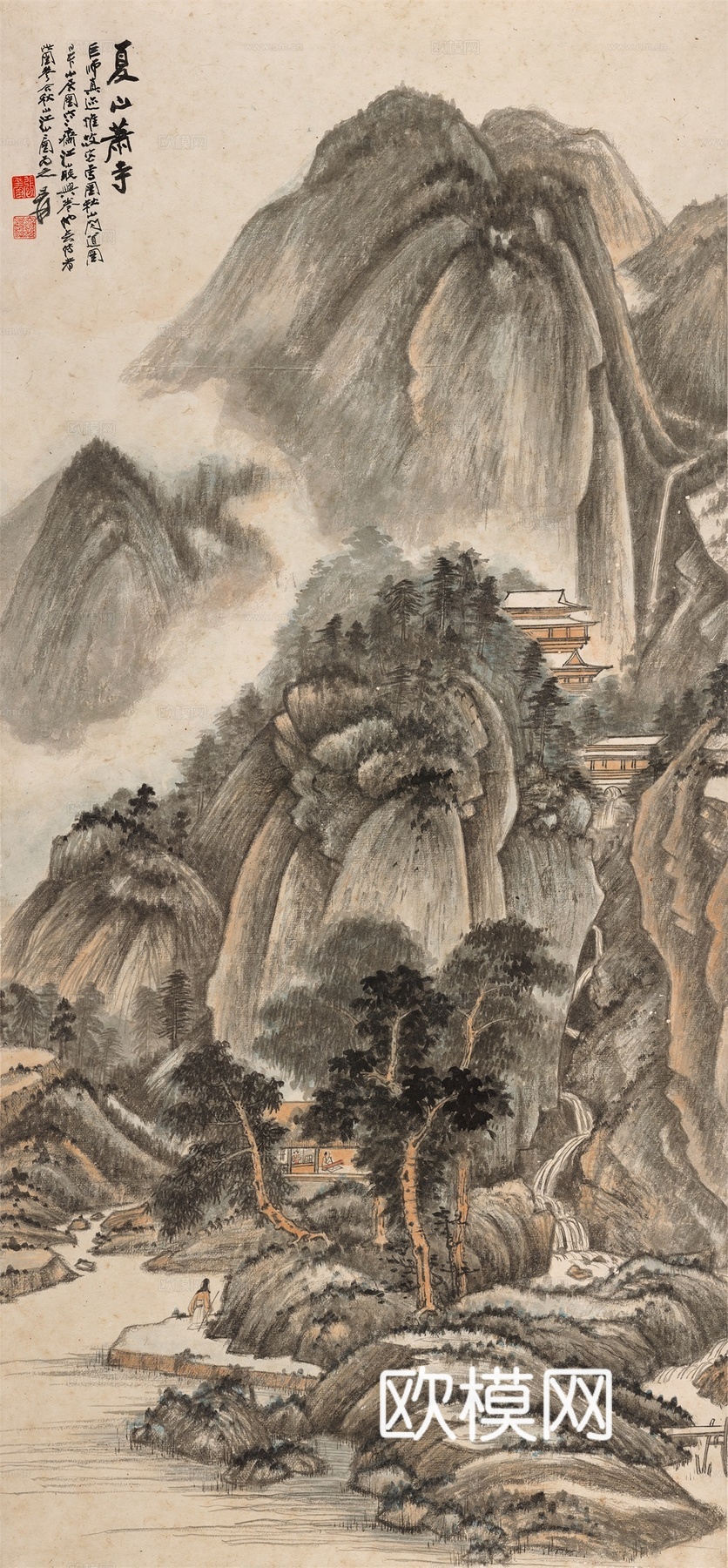 张大千绘画作品，中国近现代水墨画，写意水墨画夏山萧寺