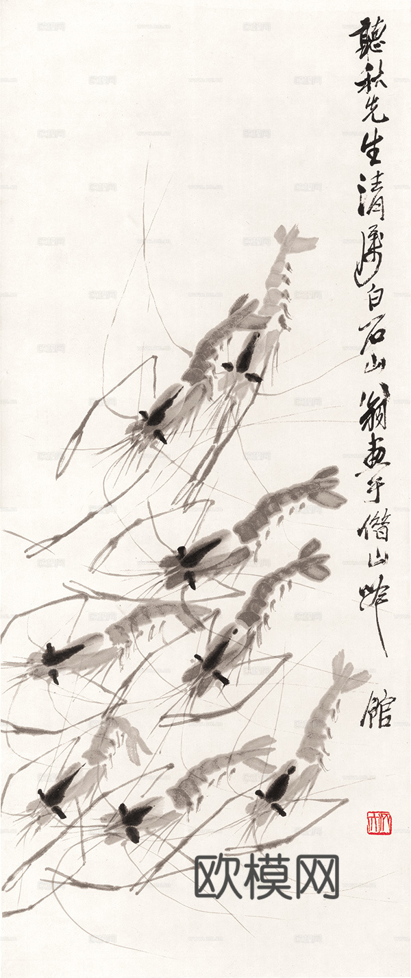 齐白石写意水墨画，近现代水墨画-虾2 32X77