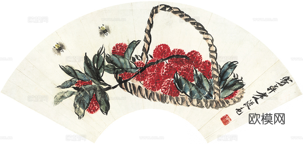 齐白石写意水墨画，近现代水墨画 扇页 花果蜜蜂-ca0804