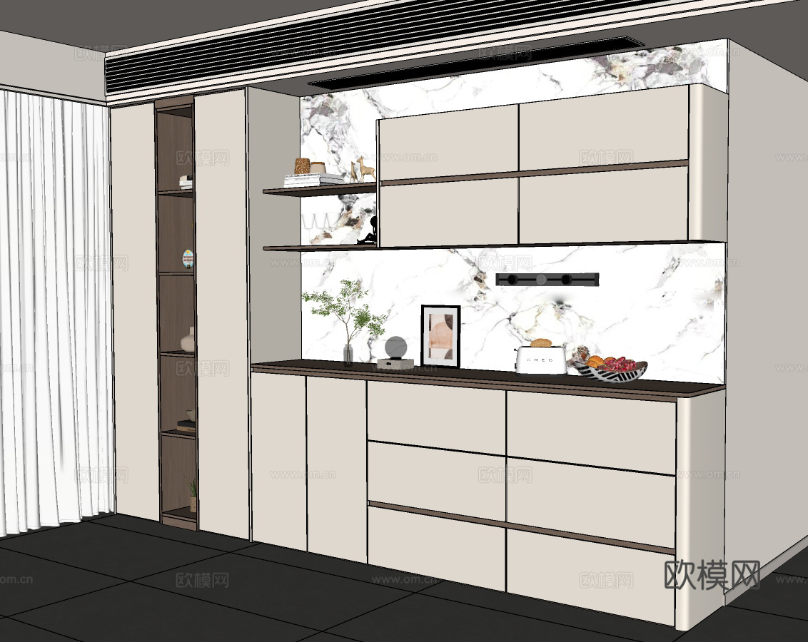现代餐边柜 酒柜餐边柜 餐厅餐边柜 顶面回风口餐边柜 茶水柜su模型