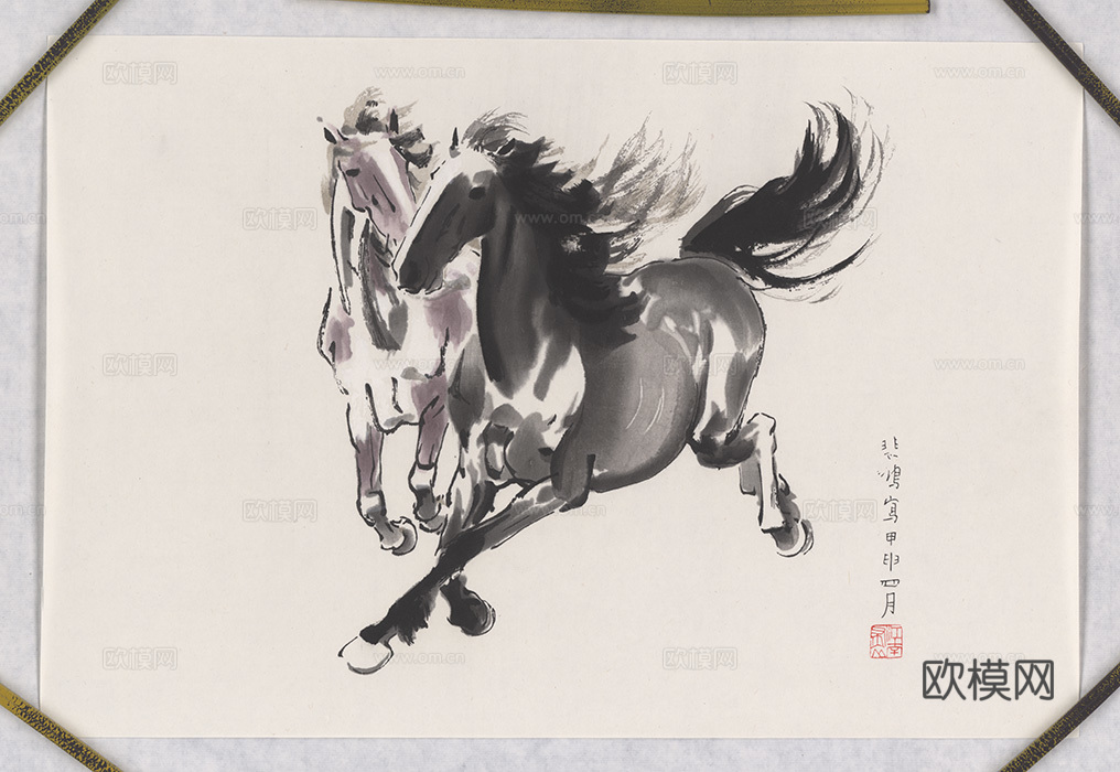 徐悲鸿水墨画，水墨花鸟动物画，近现代水墨画， 双马（圣彩虹原