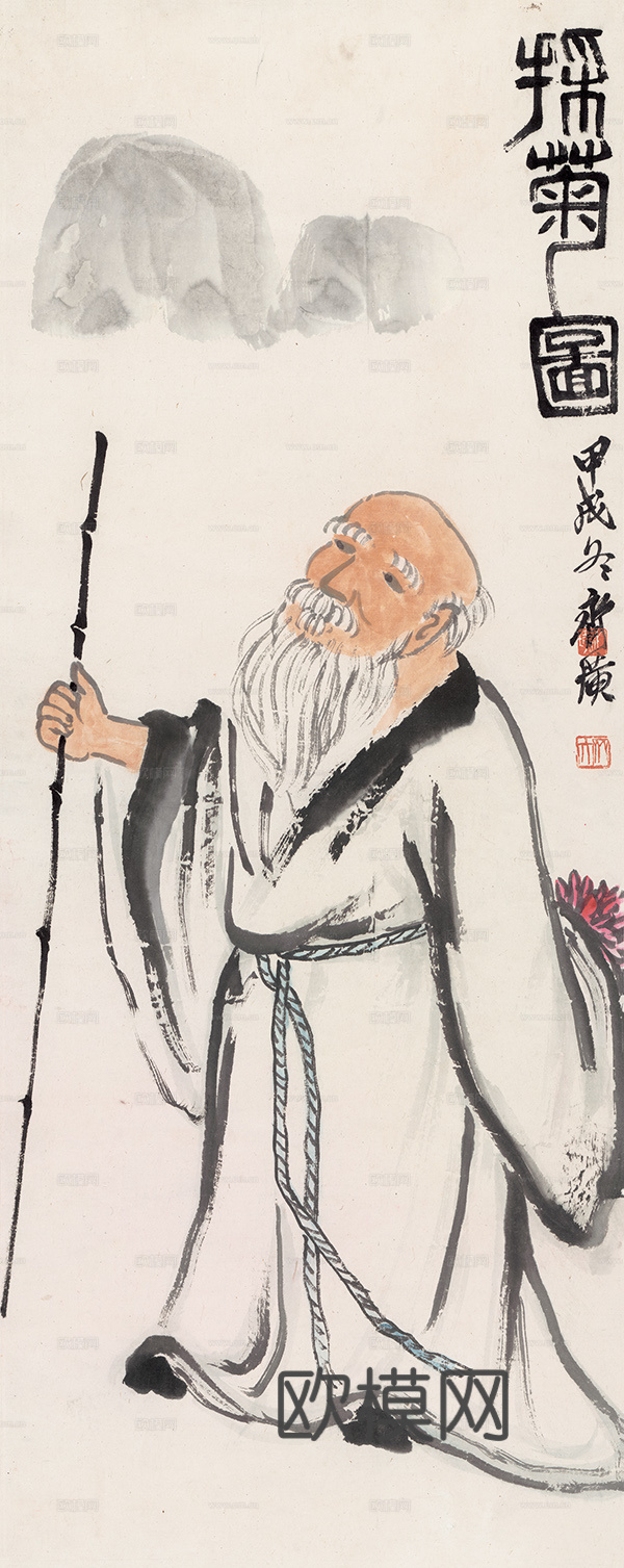 齐白石写意水墨画，近现代水墨画-采菊图 43x108