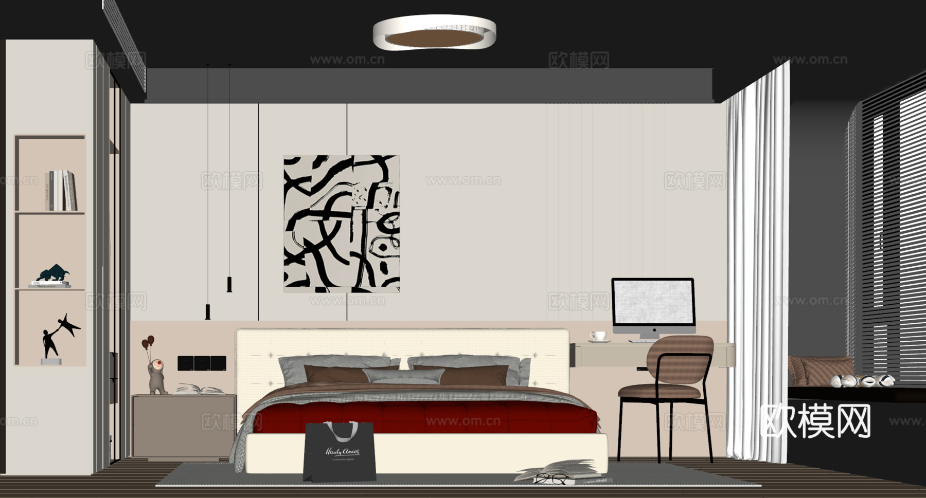 现代卧室 主卧 双人床 衣柜 床头背景墙su模型