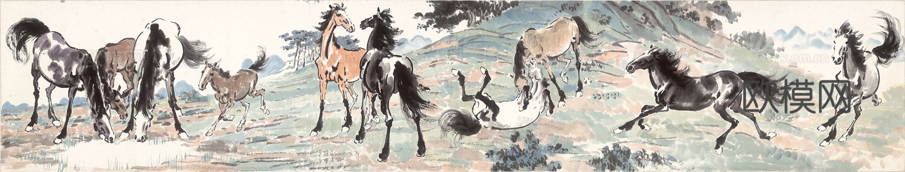 徐悲鸿水墨画，水墨花鸟动物画，近现代水墨画， 十骏图 纸本1