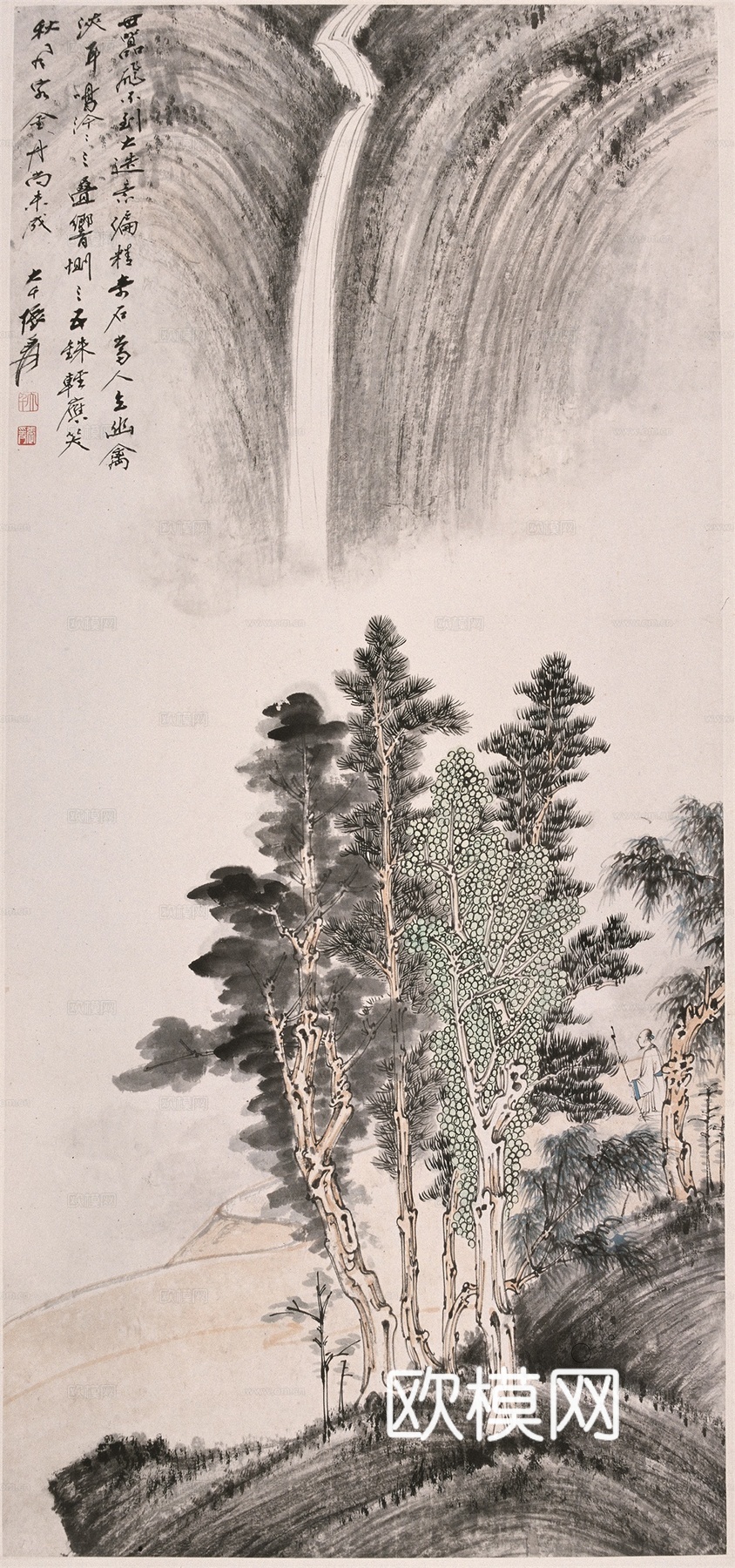 张大千绘画作品，中国近现代水墨画，写意水墨画飞瀑