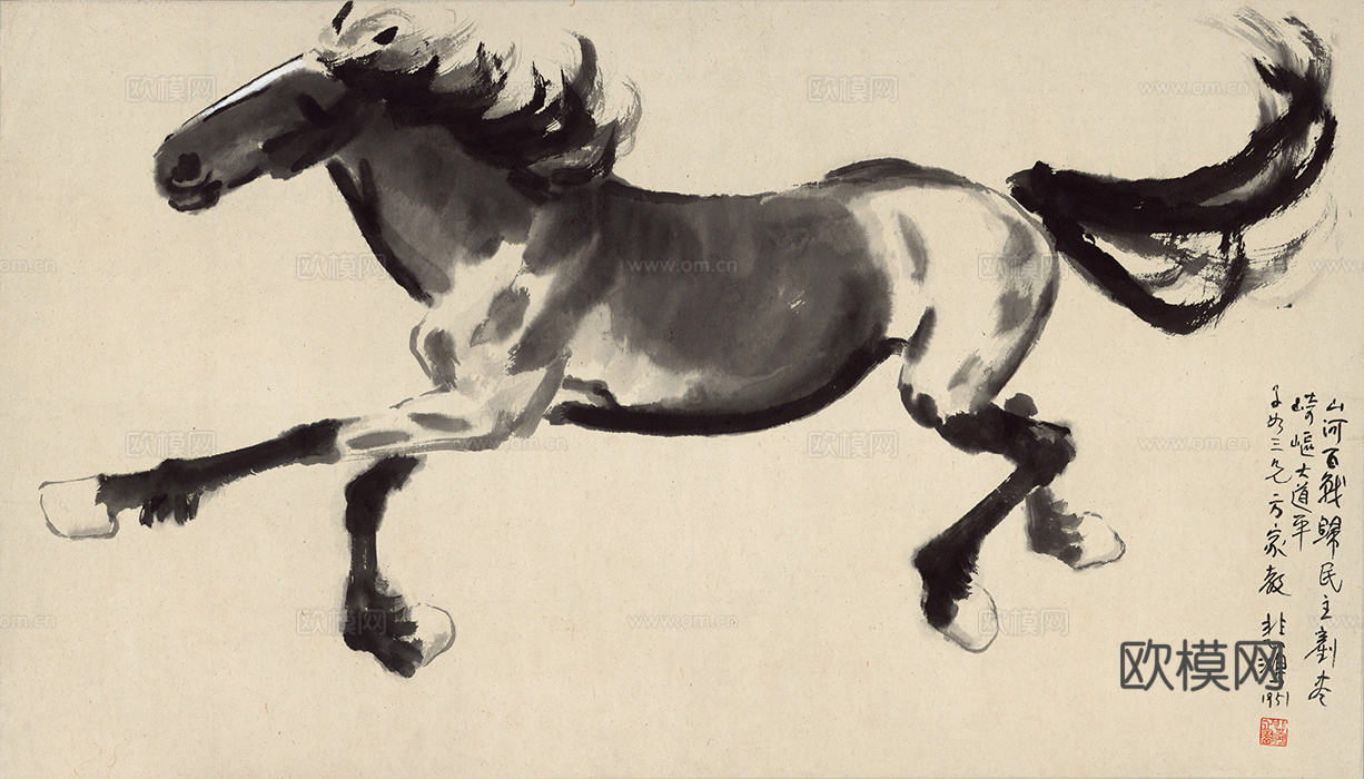 徐悲鸿水墨画，水墨花鸟动物画，近现代水墨画， 百战归马图 纸