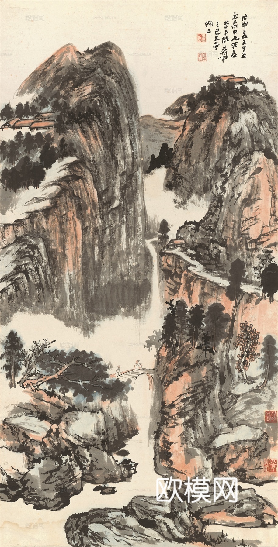 张大千绘画作品，中国近现代水墨画，写意水墨画－溪山行旅