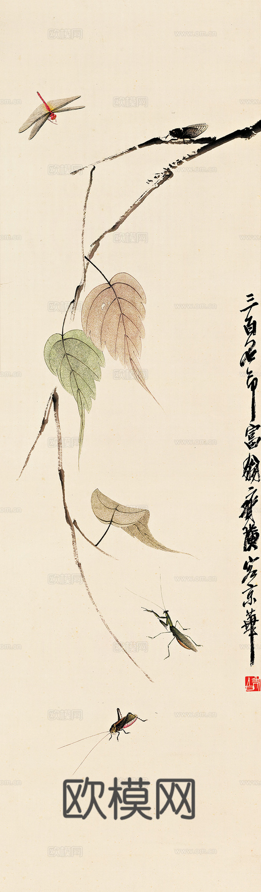 齐白石写意水墨画，近现代水墨画 贝叶草虫-OK 40x135